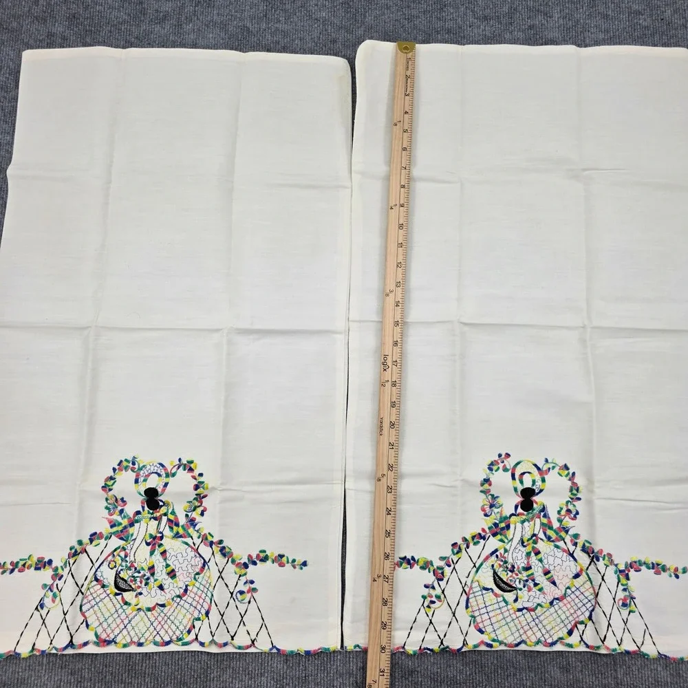 Vintage Hand Embroidered Crinoline Lady Pillowcase Pair White Southern Belle